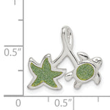Sterling Silver Sea Turtle and Starfish Pendant with Green Glitter Enamel, Nautical Ocean Theme