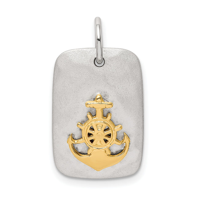 Sterling Silver Dog Tag Pendant with Gold Plated Anchor and Ship Wheel Design