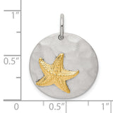 Sterling Silver Pendant with Gold-Plated Starfish on Brushed Disc, Coastal Beach Style