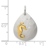 Sterling Silver Teardrop Pendant with Cubic Zirconia and Gold Tone Seahorse Design