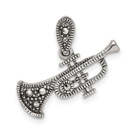 Sterling Silver Trumpet Pendant with Marcasite Accents, Vintage Jazz Music Charm