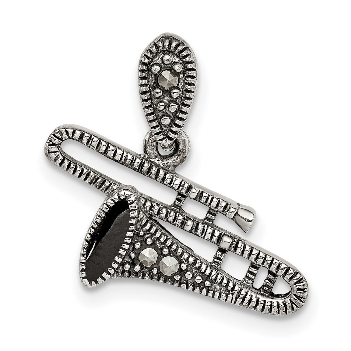 Sterling Silver Trombone Pendant with Marcasite Accents, Jazz Music Charm