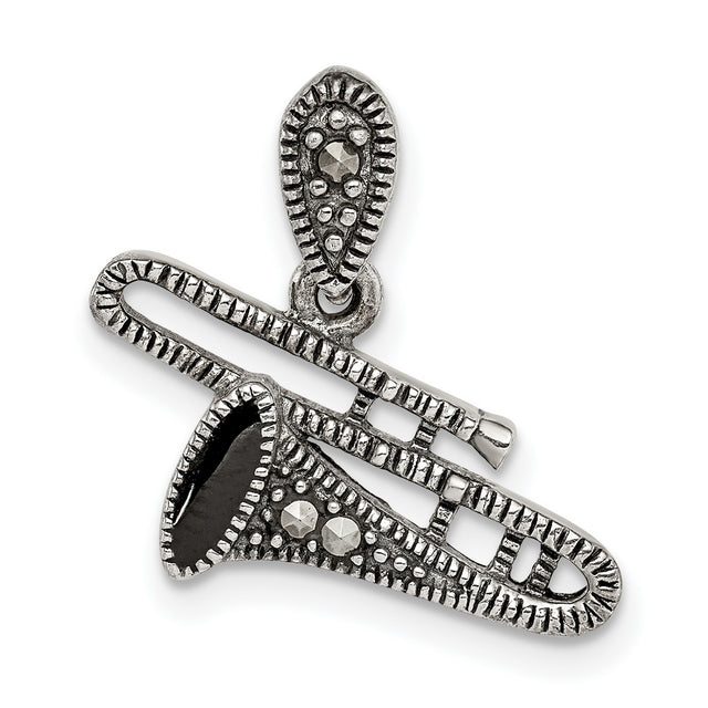 Sterling Silver Trombone Pendant with Marcasite Accents, Jazz Music Charm