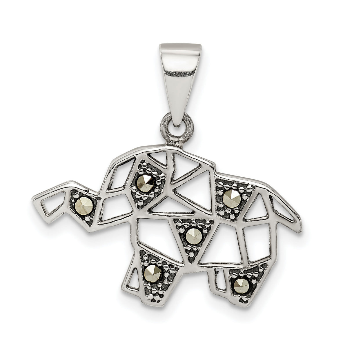Sterling Silver Elephant Pendant with Geometric Design and Marcasite Accents