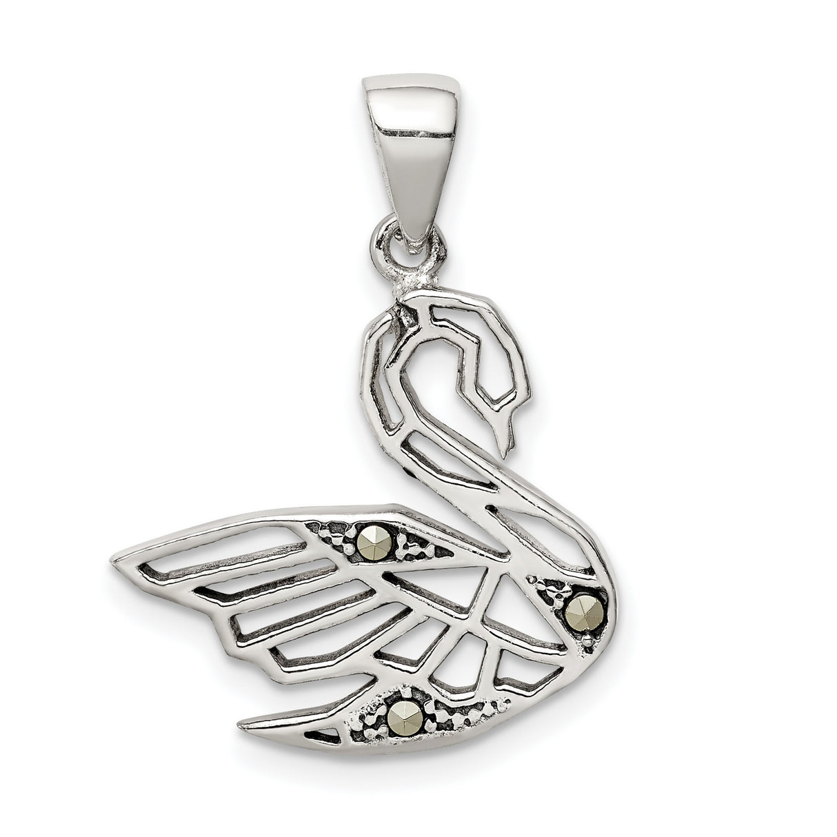 Antiqued Marcasite Swan Charm Pendant in Real 925 Sterling Silver