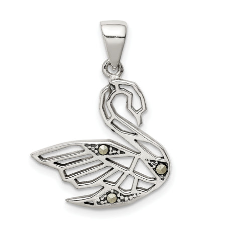 Antiqued Marcasite Swan Charm Pendant in Real 925 Sterling Silver