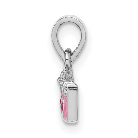 Sterling Silver Heart Pendant with Pink Enamel Crown Design, Princess Theme for Girls and Teens