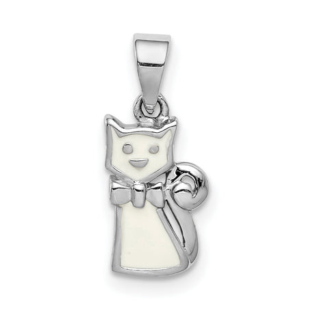 Childs Enameled White Cat Charm Pendant in Real 925 Sterling Silver