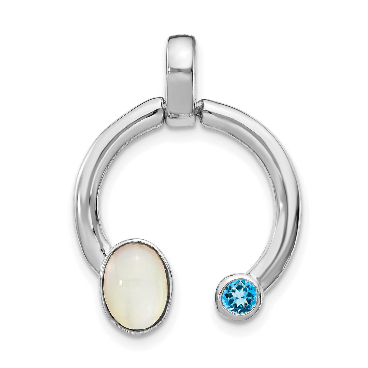 Sterling Silver Pendant with Mother Of Pearl and Swiss Blue Topaz, Open Circle Symbol of Balance