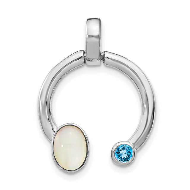 Sterling Silver Pendant with Mother Of Pearl and Swiss Blue Topaz, Open Circle Symbol of Balance