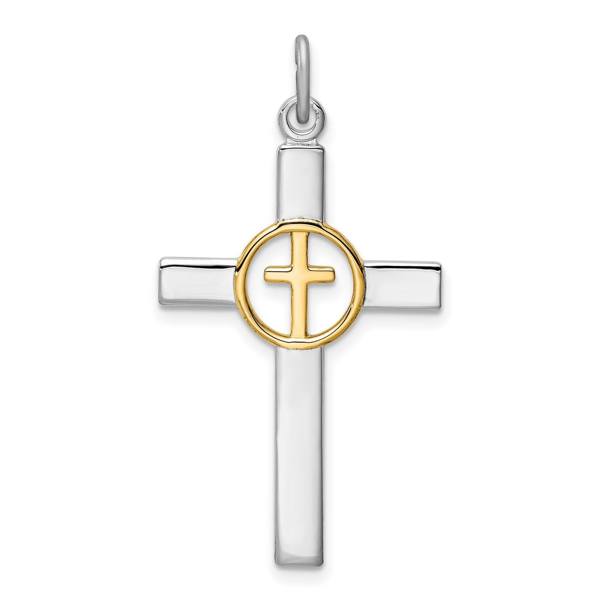 Sterling Silver Cross Pendant with Dual Tone Finish and Circle Frame Design