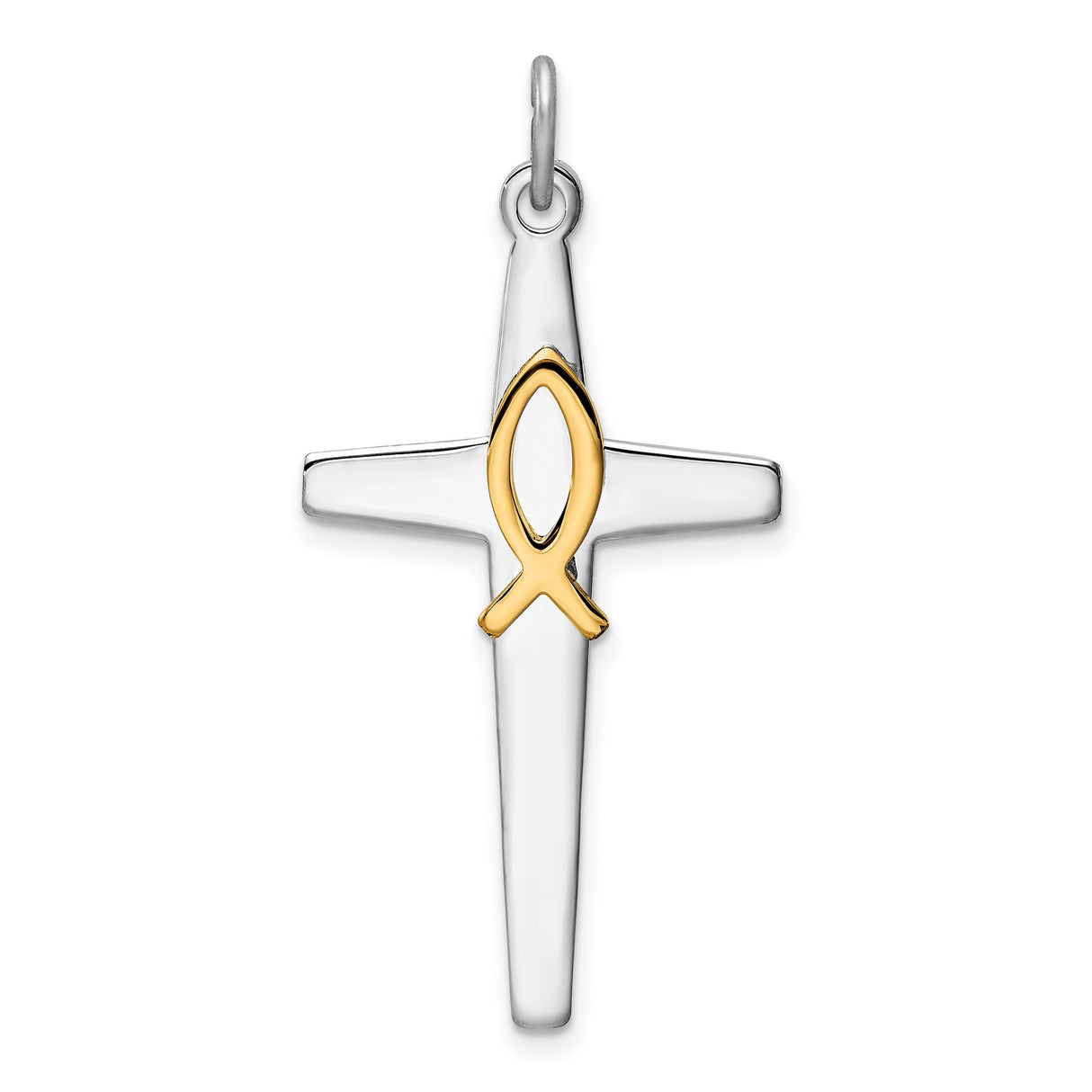 Sterling Silver Ichthys Cross Pendant, Polished Two-Tone Religious Design for Men and Women