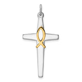 Sterling Silver Ichthys Cross Pendant, Polished Two-Tone Religious Design for Men and Women