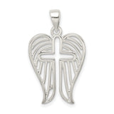 Sterling Silver Cross Pendant with Angel Wings and Textured Feather Detail