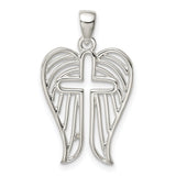 Sterling Silver Cross Pendant with Angel Wings and Textured Feather Detail