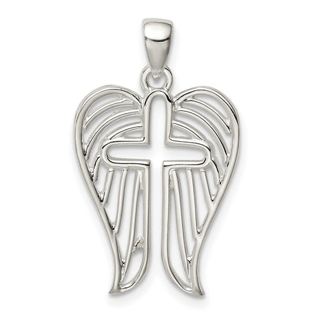 Sterling Silver Cross Pendant with Angel Wings and Textured Feather Detail