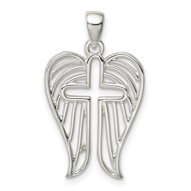 Sterling Silver Cross Pendant with Angel Wings and Textured Feather Detail