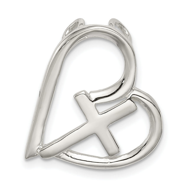 Sterling Silver Cross Heart Pendant with Sliding Chain, Mirror Finish, Modern Spiritual Jewelry