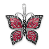 Sterling Silver Butterfly Pendant with Red Enamel Wings and Leaf Vein Pattern