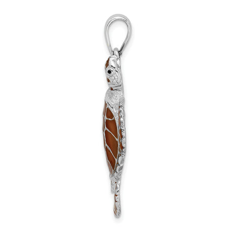 Sterling Silver Turtle Pendant with Brown Enamel Inlay, Nautical Ocean Theme