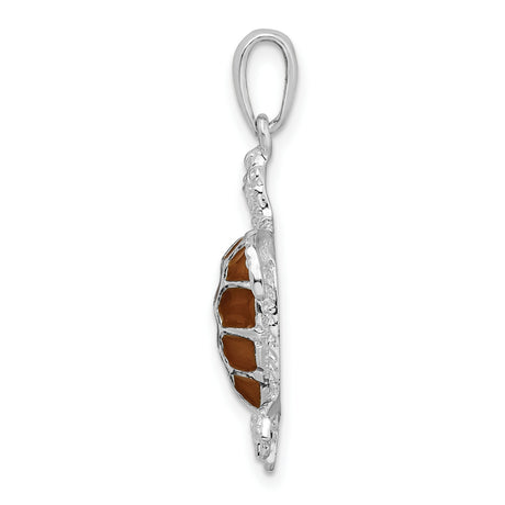 Sterling Silver Turtle Pendant with Brown Enamel Shell, Nautical Ocean Theme Jewelry