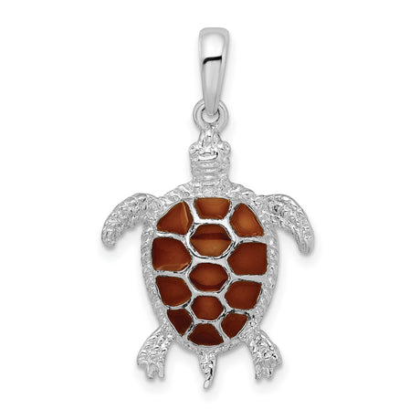 Sterling Silver Turtle Pendant with Brown Enamel Shell, Nautical Ocean Theme Jewelry