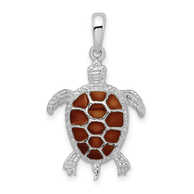 Sterling Silver Turtle Pendant with Brown Enamel Shell, Nautical Ocean Theme Jewelry
