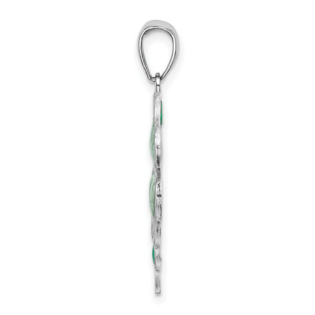 Sterling Silver Clover Pendant with Green Enamel Heart Leaves, Lucky Four Leaf Design