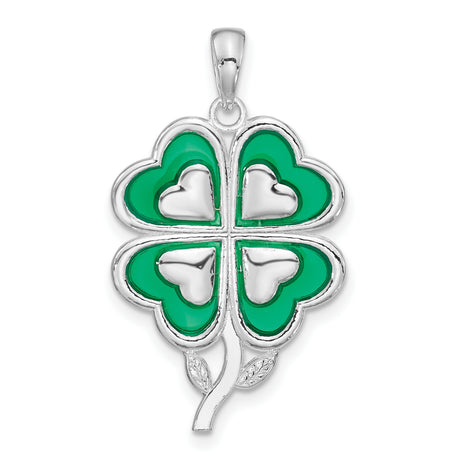 Sterling Silver Clover Pendant with Green Enamel Heart Leaves, Lucky Four Leaf Design