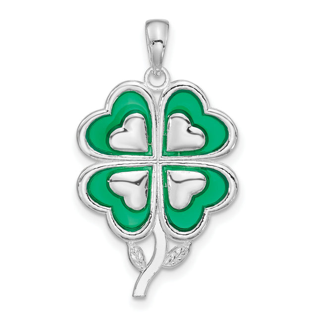 Sterling Silver Clover Pendant with Green Enamel Heart Leaves, Lucky Four Leaf Design