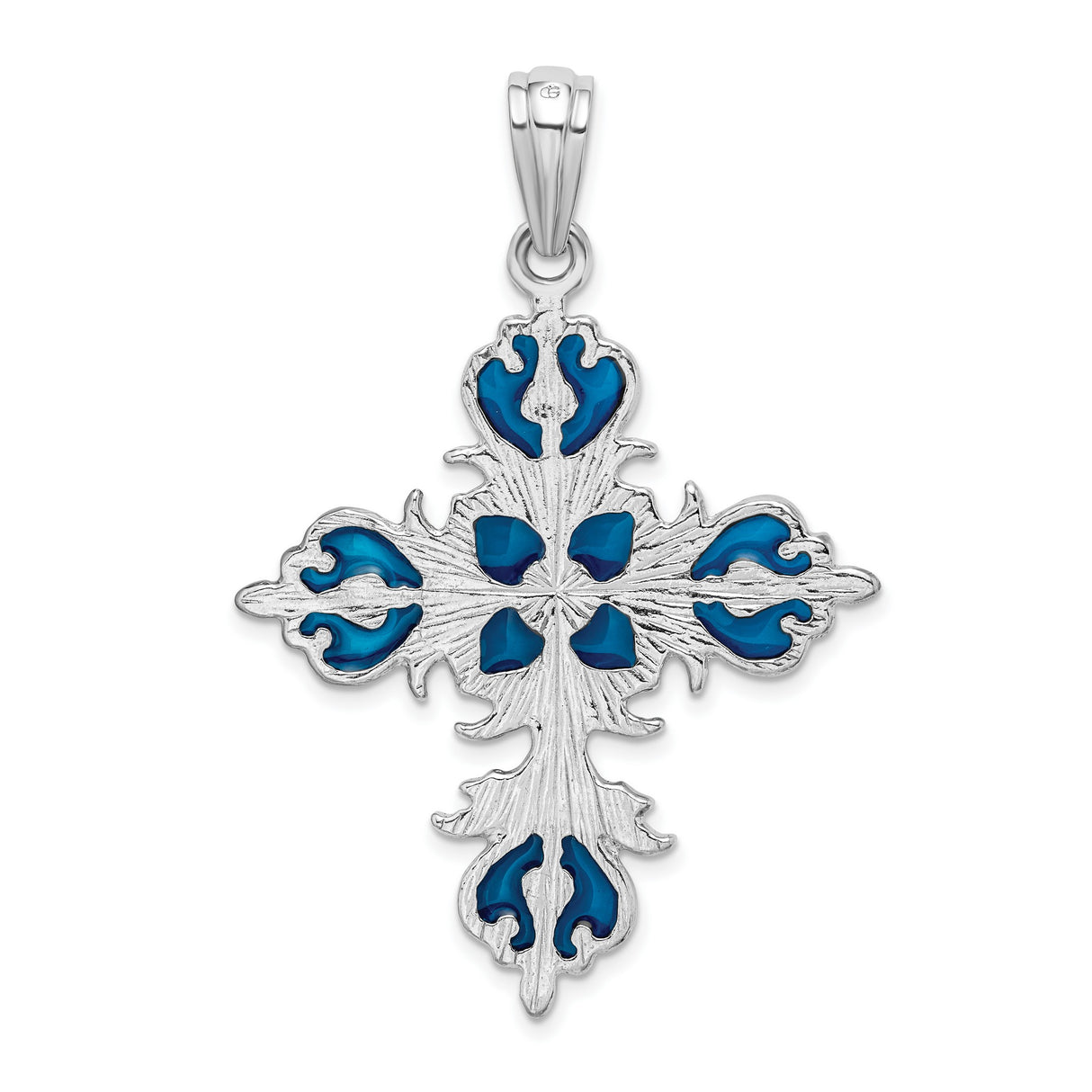 Sterling Silver Fleur de Lis Cross Pendant with Blue Enamel Detail, Vintage Religious Charm