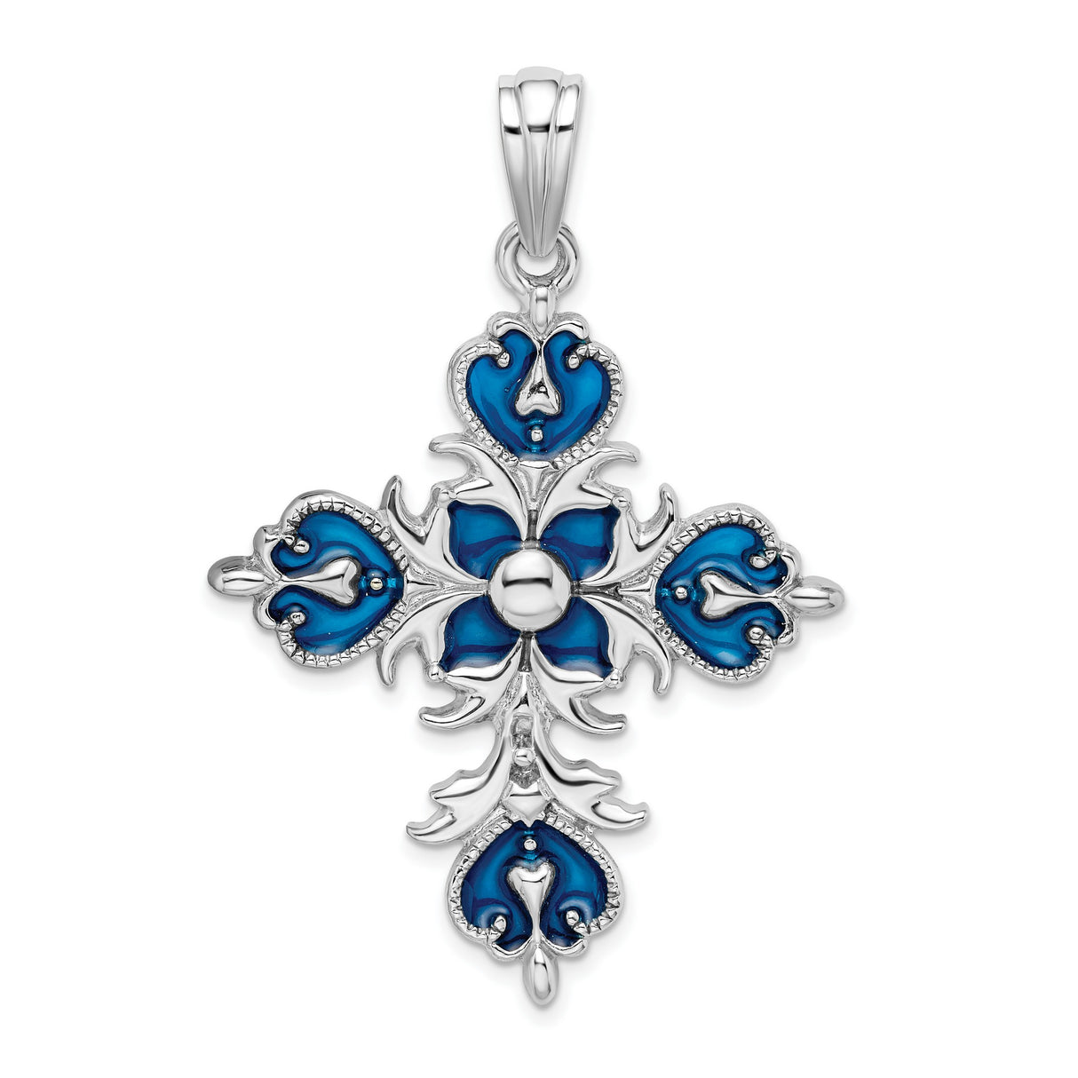 Sterling Silver Fleur de Lis Cross Pendant with Blue Enamel Detail, Vintage Religious Charm