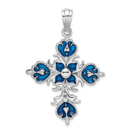 Sterling Silver Fleur de Lis Cross Pendant with Blue Enamel Detail, Vintage Religious Charm