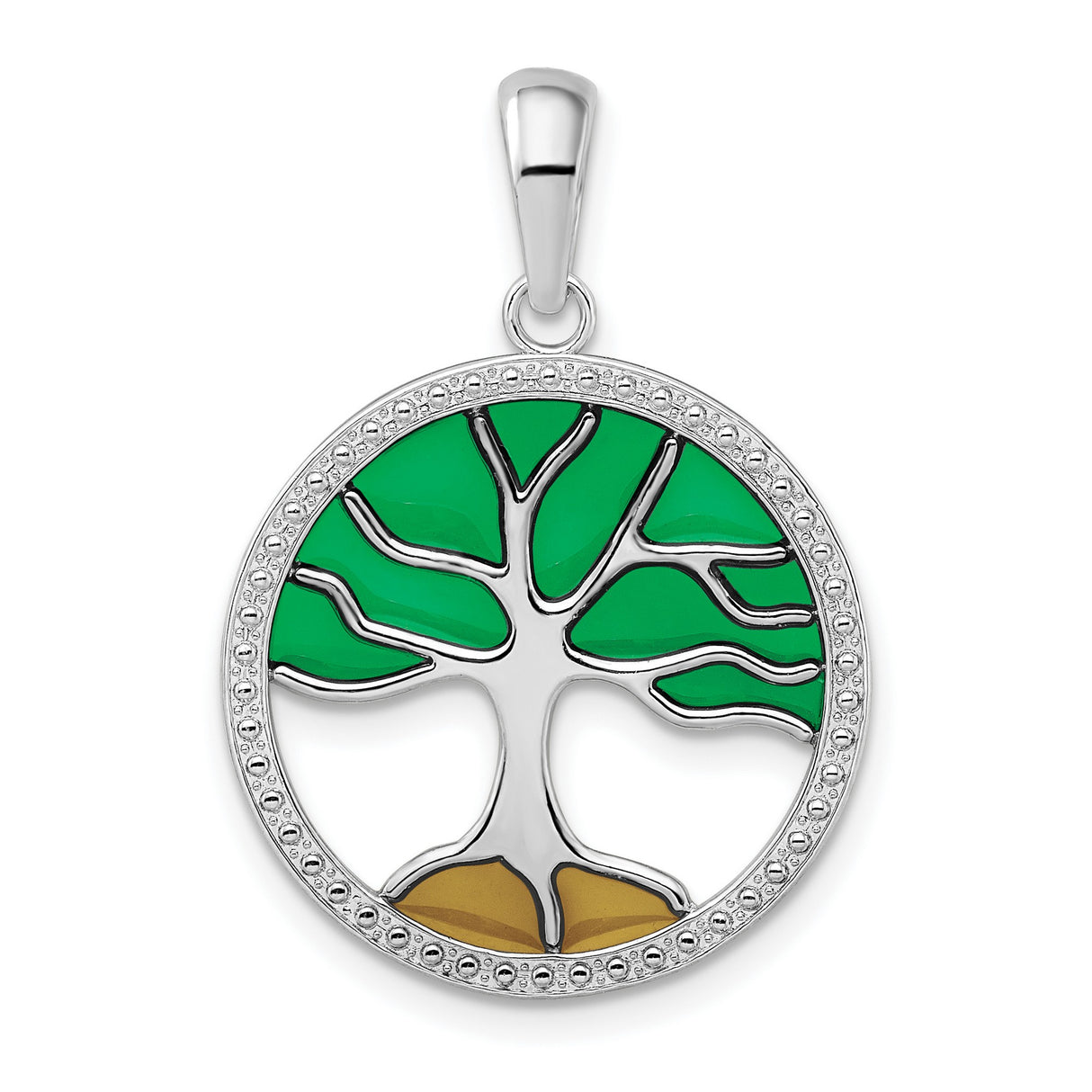 Sterling Silver Tree of Life Pendant with Green and Brown Enamel, Boho Nature Jewelry