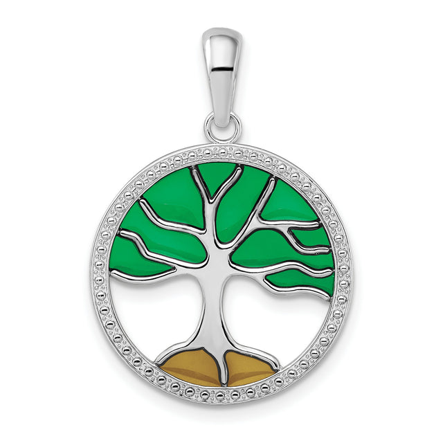 Sterling Silver Tree of Life Pendant with Green and Brown Enamel, Boho Nature Jewelry