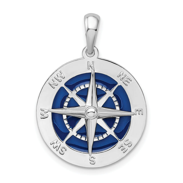 Polished Enameled Large Compass Charm Pendant in Real 925 Sterling Silver