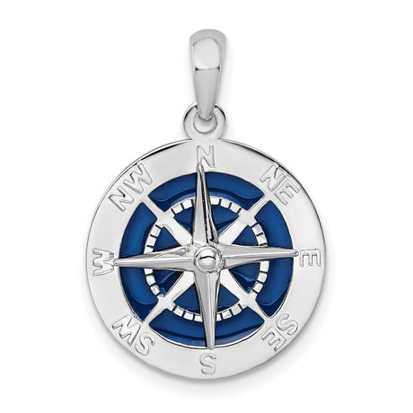 Sterling Silver Compass Pendant with Blue Enamel Accents, Nautical Travel-Inspired Design