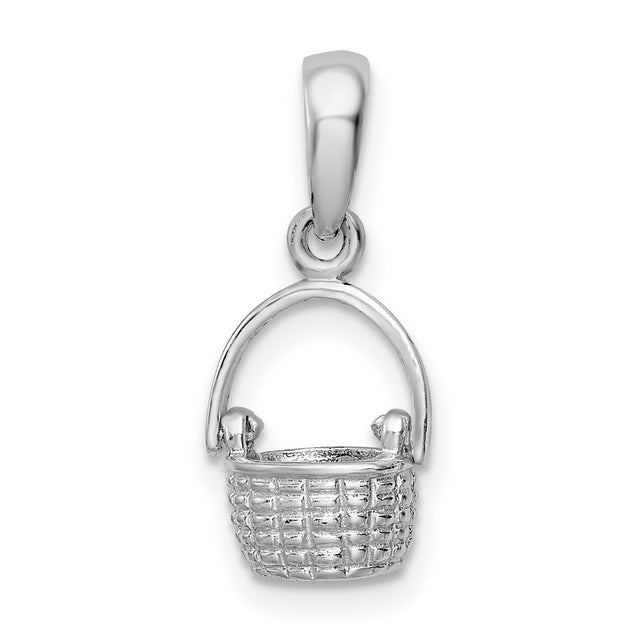 Sterling Silver Basket Pendant Charm with Woven Design and Handle, Rustic Farmhouse Style