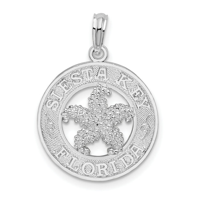 Sterling Silver Pendant with Siesta Key Florida Text and Textured Starfish Design