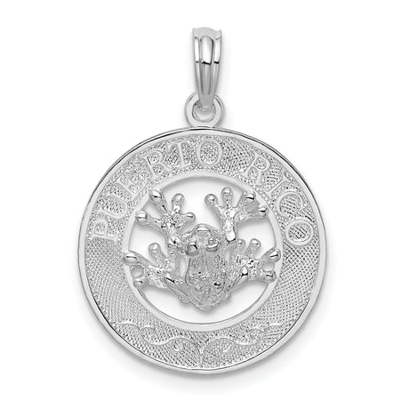 Polished Puerto Rico Circle with Frog Charm Pendant in Real 925 Sterling Silver