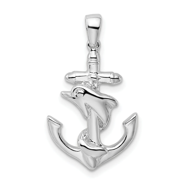 Sterling Silver Dolphin Wrapped Around Anchor Pendant, Nautical Marine Life Theme
