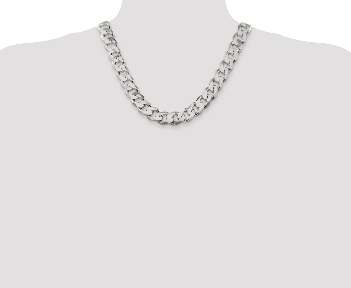 925 White Gold 14.5 mm Curb Chain Necklace, Polished detail view