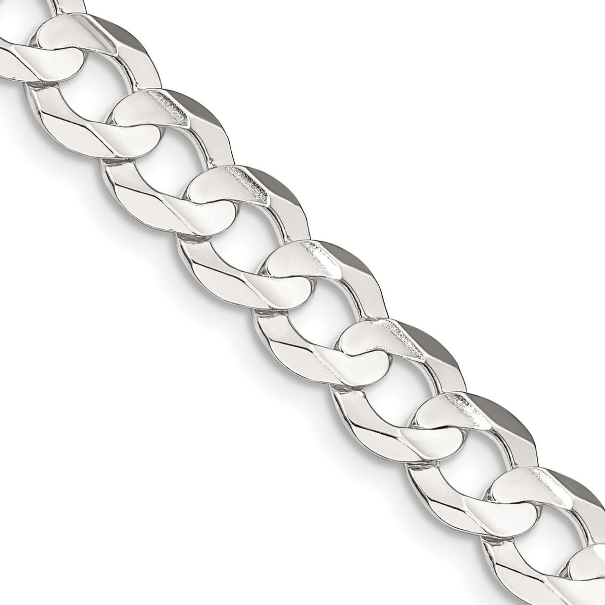 925 White Gold 7.8 mm Curb Chain Necklace, Polished detail view