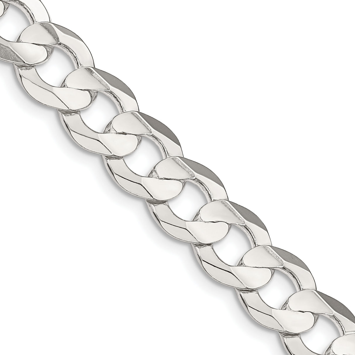 925 White Gold 9.75 mm Curb Chain Necklace, Polished detail view