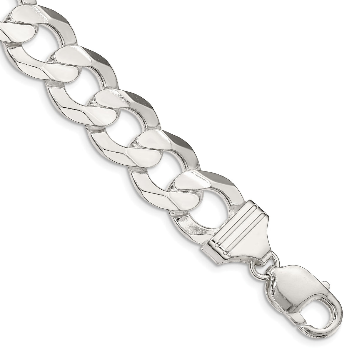 925 White Gold 14 mm Curb Chain Bracelet, Polished shown for scale