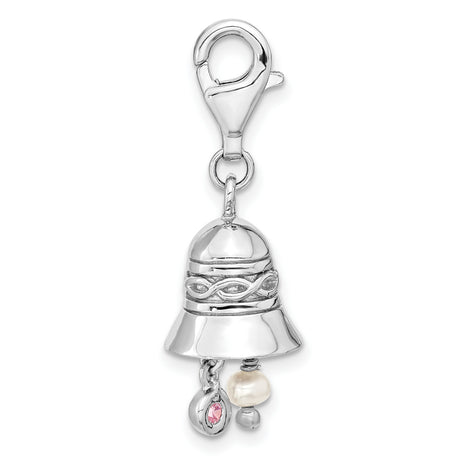 Sterling Silver Bell Charm Pendant with Cubic Zirconia, Pearl, and Infinity Knot Design
