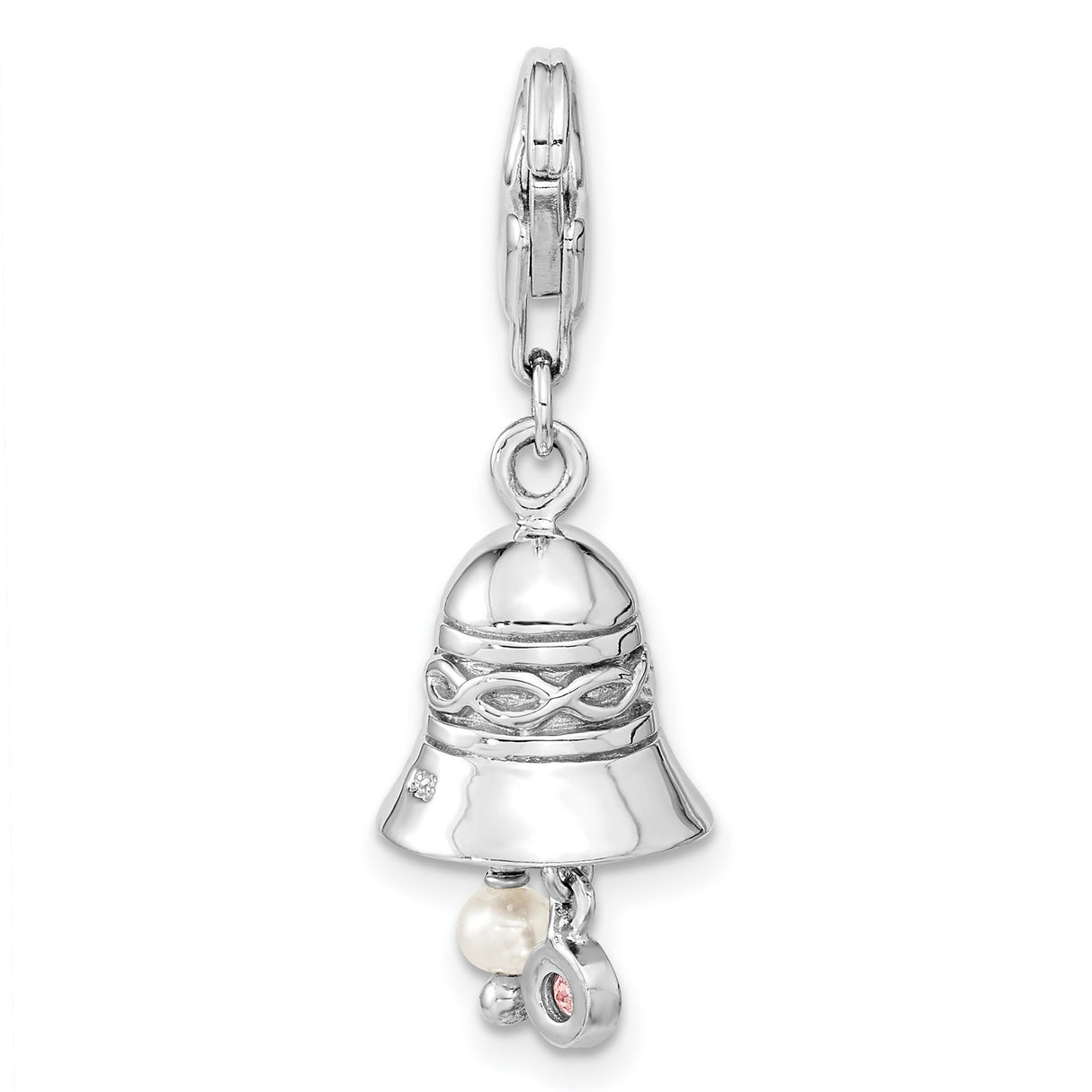 Sterling Silver Bell Charm Pendant with Cubic Zirconia, Pearl, and Infinity Knot Design