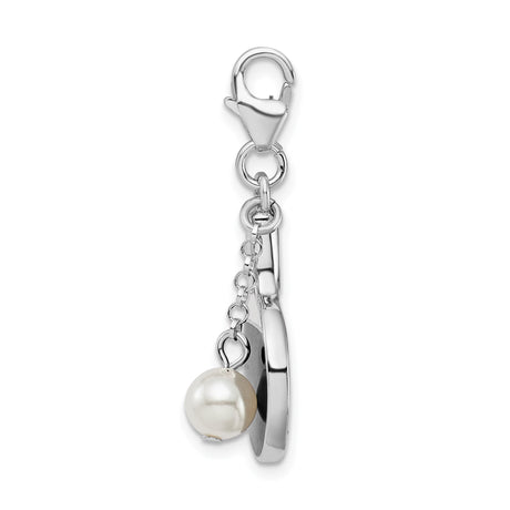 Sterling Silver Ping Pong Paddle Pendant with Simulated Pearl Accent and Black Enamel