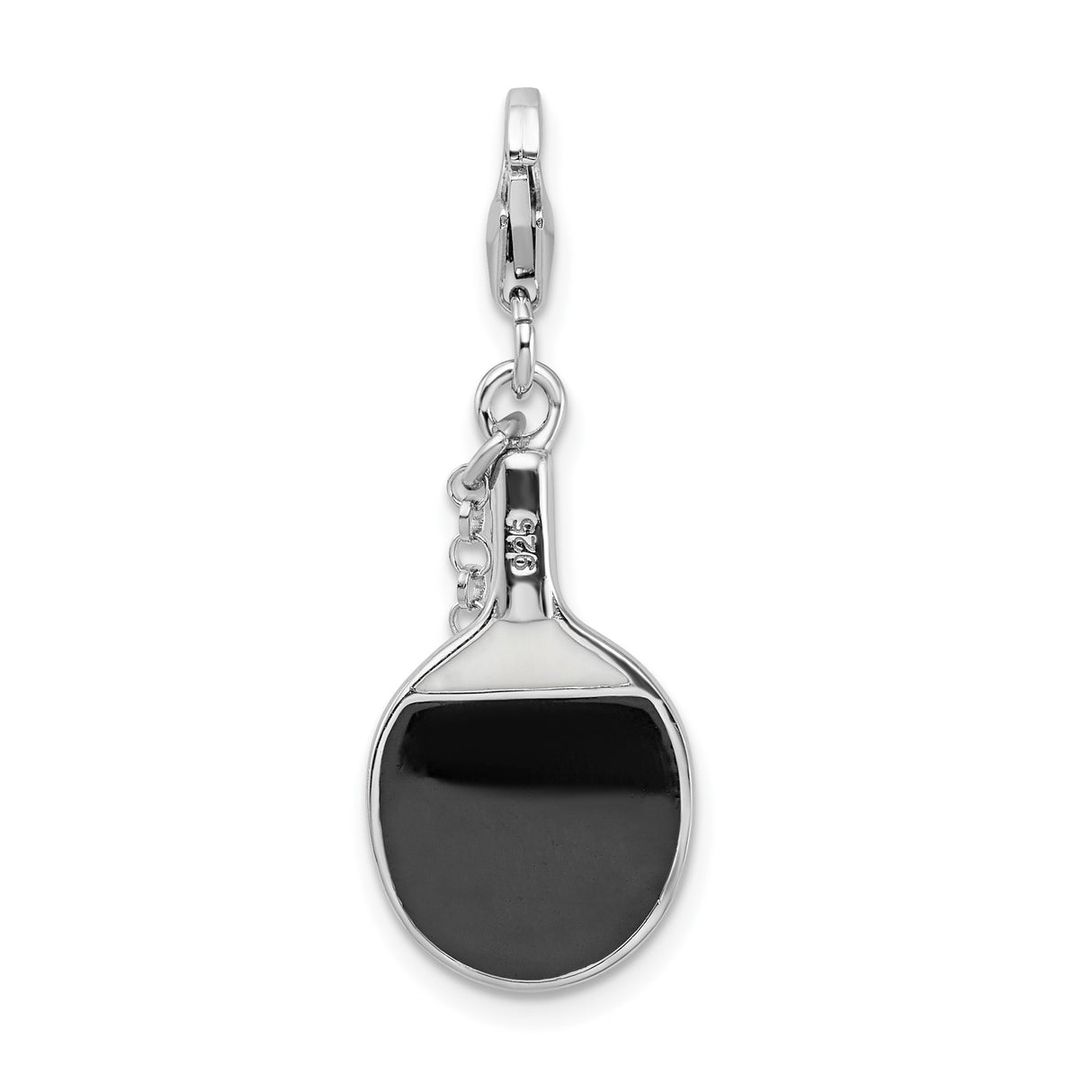 Sterling Silver Ping Pong Paddle Pendant with Simulated Pearl Accent and Black Enamel