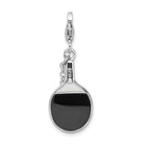 Sterling Silver Ping Pong Paddle Pendant with Simulated Pearl Accent and Black Enamel